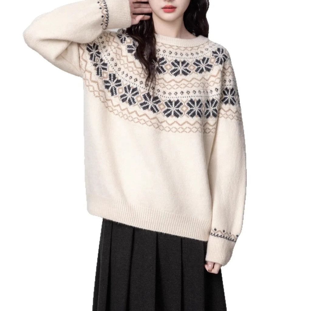 Women's vintage Fair Isle crew neck pullover sweater with geometric pattern in milky white, showing loose fit and regular sleeves