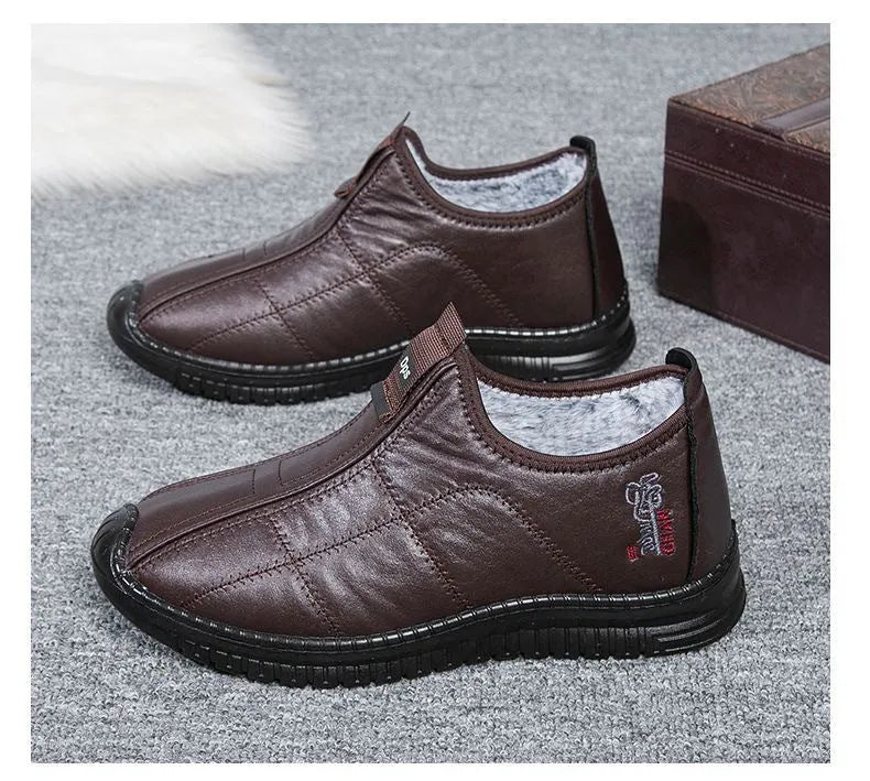 Brown men's winter cotton boots with buckle fastening and a thick non-slip platform sole