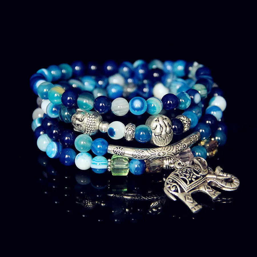 Multi-layer women's agate bracelet with 6mm beads in blue elephant pattern design