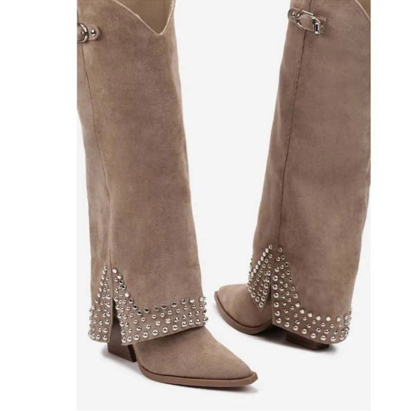 Women's black frosted rivet pantyhose boots with pointed toe and rubber sole
