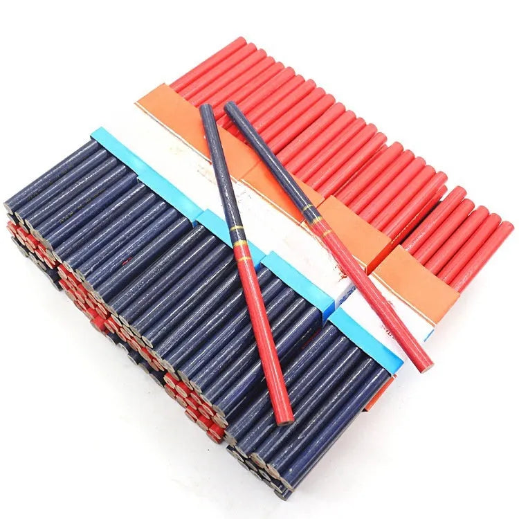 Pack of ten round red and blue wooden carpenter pencils for woodworking marking.