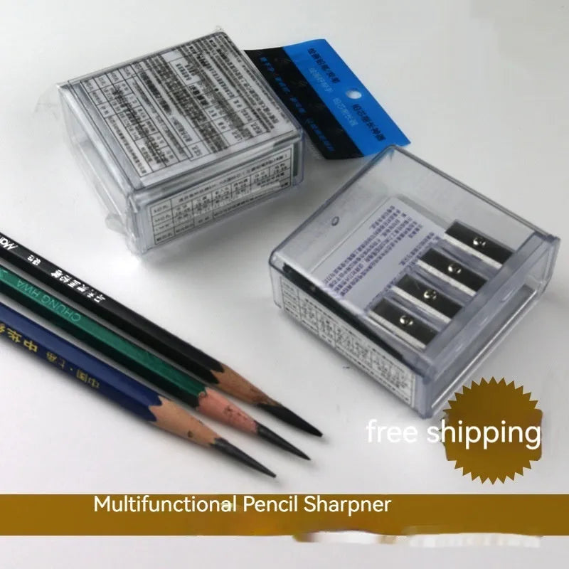 Four-hole pencil sharpener with geometric plastic design, four blades, and screwdriver for easy maintenance