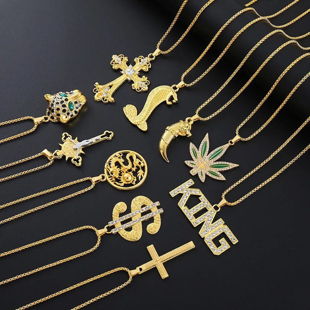 Geometric alloy pendant necklace with zircon stones in gold tone finish, showing personality style design