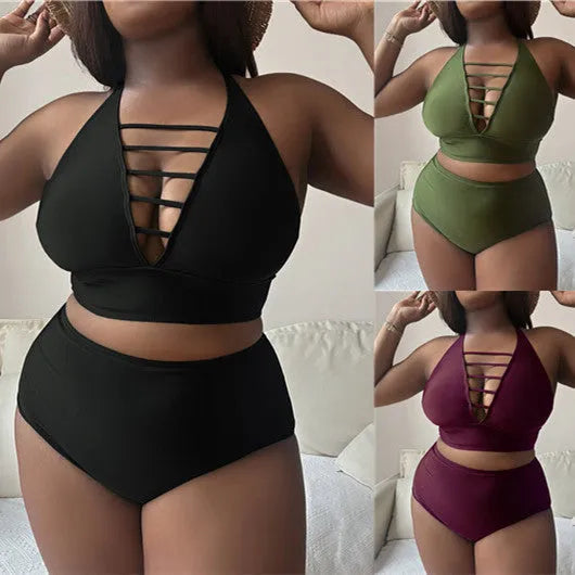 Plus size adjustable halter bikini with high-waist briefs in black, showing backless design and cross shoulder straps