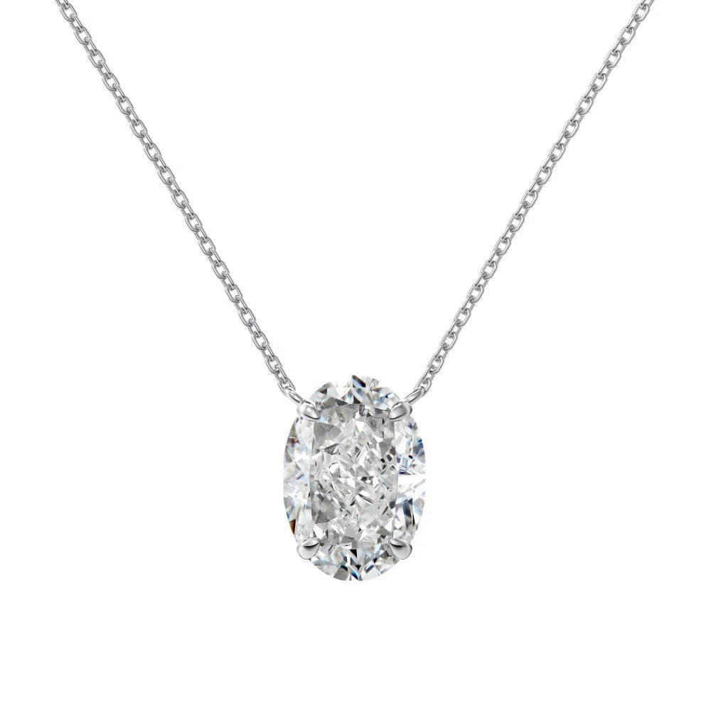 S925 sterling silver oval pendant necklace in geometric style on a model.