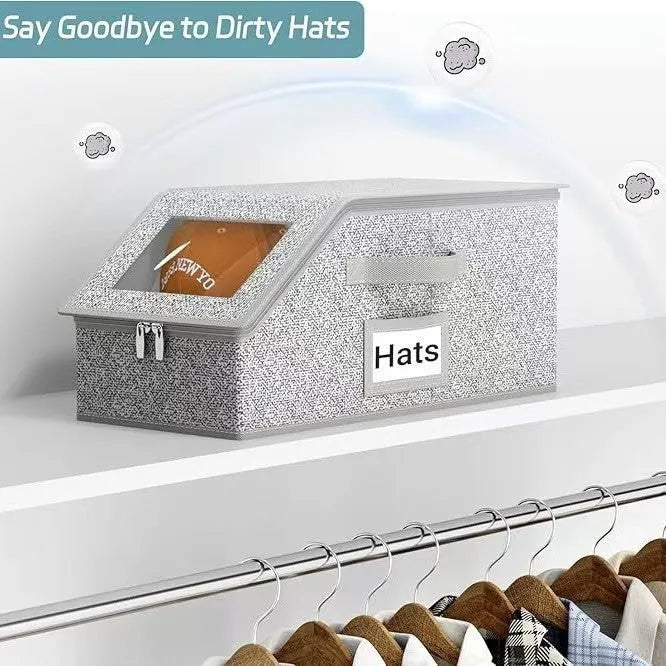 Grey foldable storage box for baseball caps and organisation measuring 42cm by 22cm by 17cm