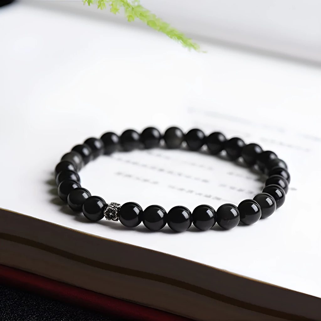 Natural obsidian and S925 silver bracelet with dragon phoenix constellation decorations.