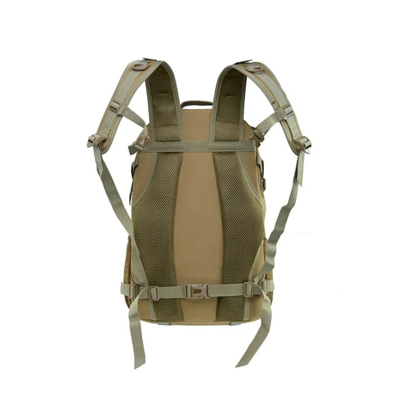 Khaki coloured Oxford cloth mountaineering backpack with an air pillow belt, shown with dimensions 49cm by 31cm.