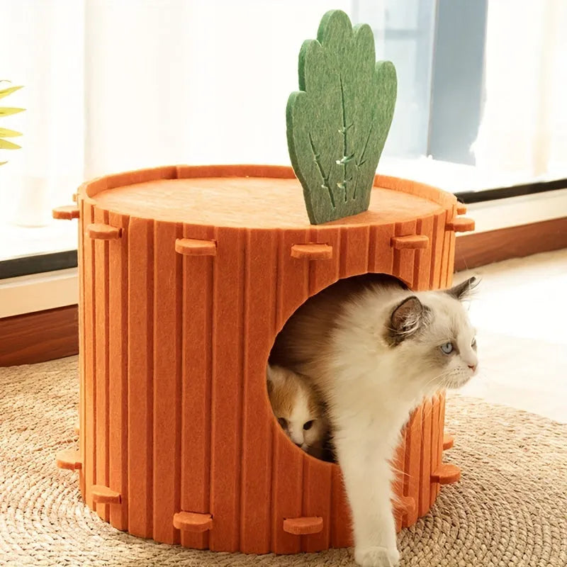 Orange carrot-shaped felt cat nest tunnel with a semi-enclosed opening, shown next to a measuring tape indicating 40cm length.