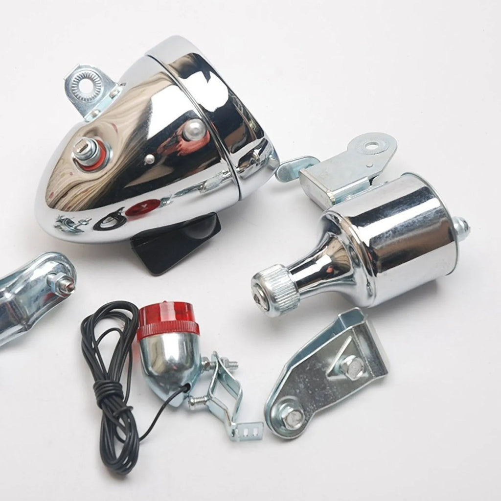 Silver bicycle generator light modification kit with dynamo for friction-powered 12V 6W lighting