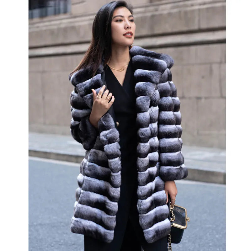 Women's zebra stripe pattern faux fur coat with artificial mink hair fabric, medium length
