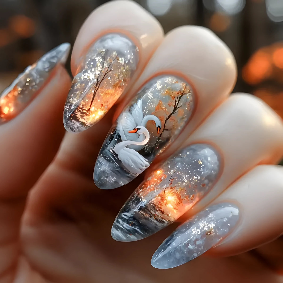 WM-43 Swan Lake Dance medium almond fake nails in starry sky pattern, glue type wearable plastic set for ladies