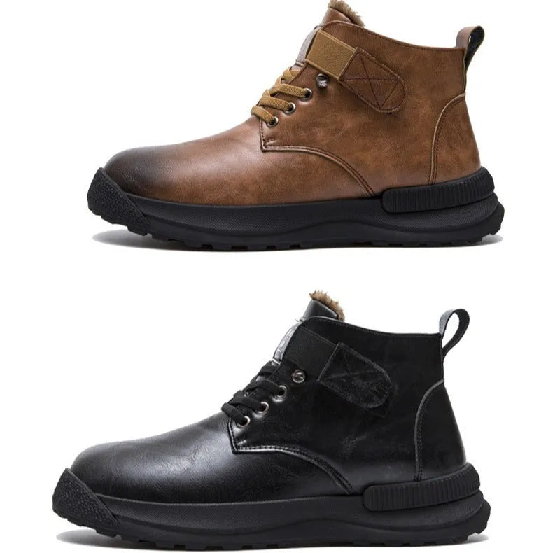Black Martin high-top platform boots with velvet accents and a thick rubber sole on a neutral background