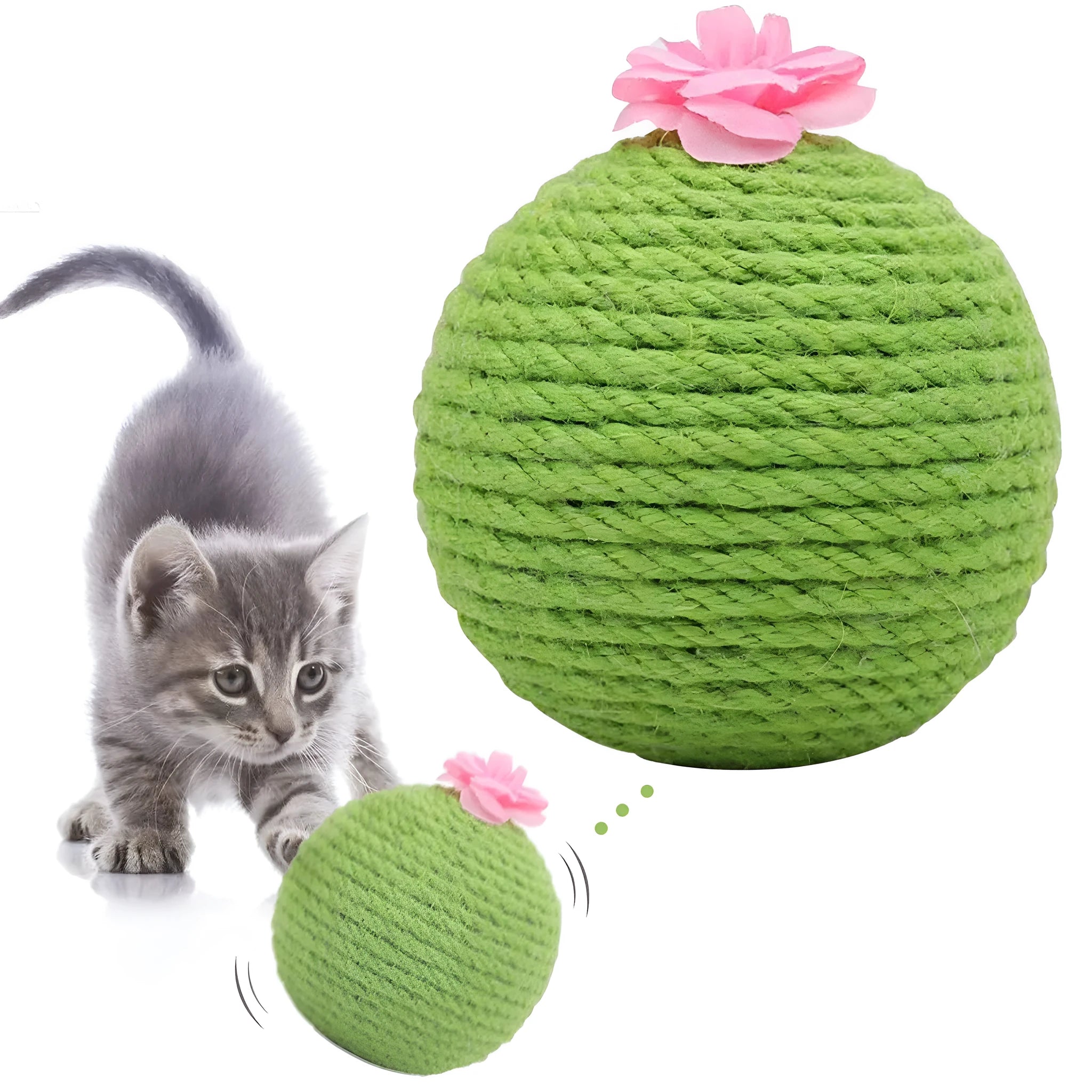 Green tumbler cactus cat scratcher with natural sisal surfaces and integrated ball toy