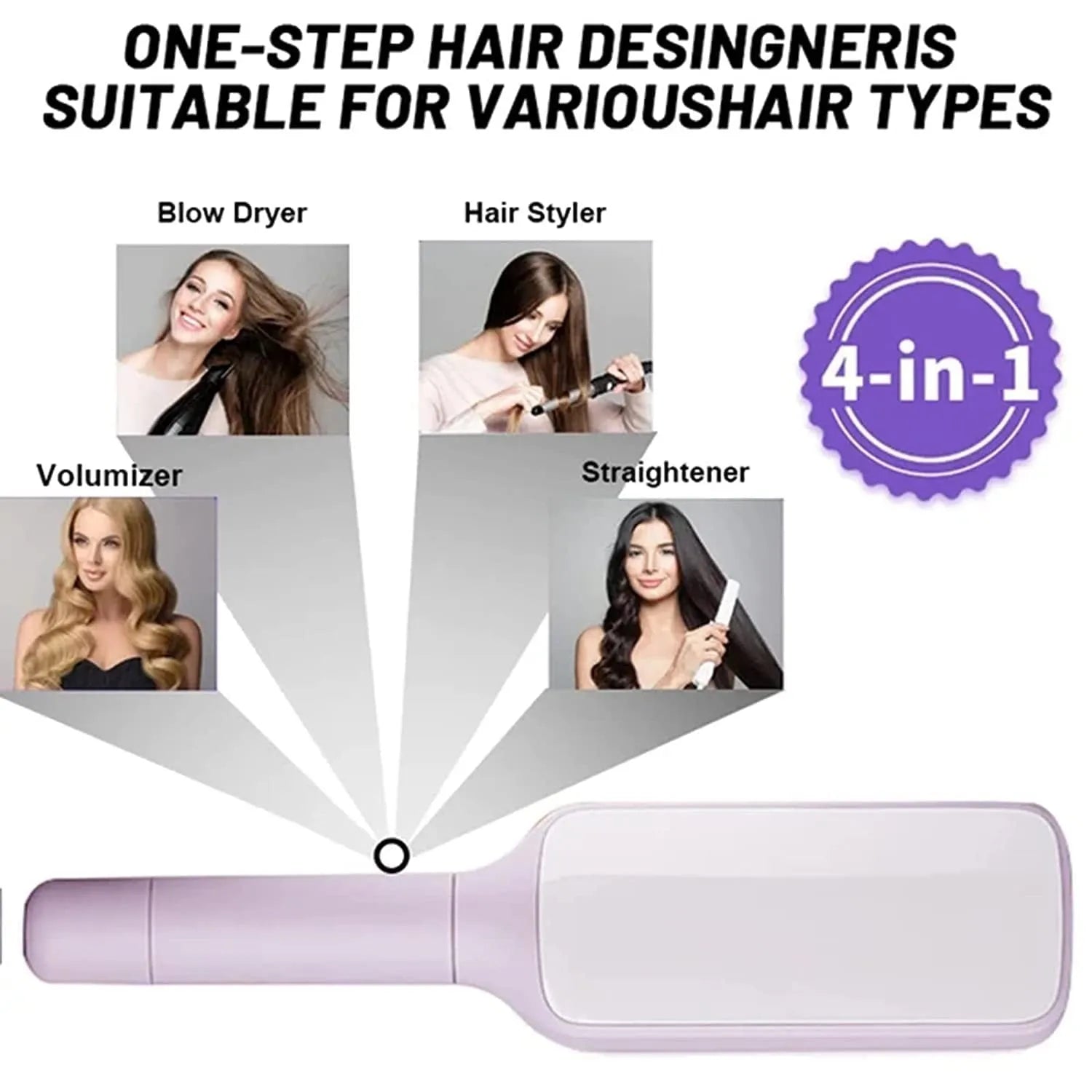 Purple self-cleaning hair brush with telescopic handle showing rotating mechanism and comb teeth