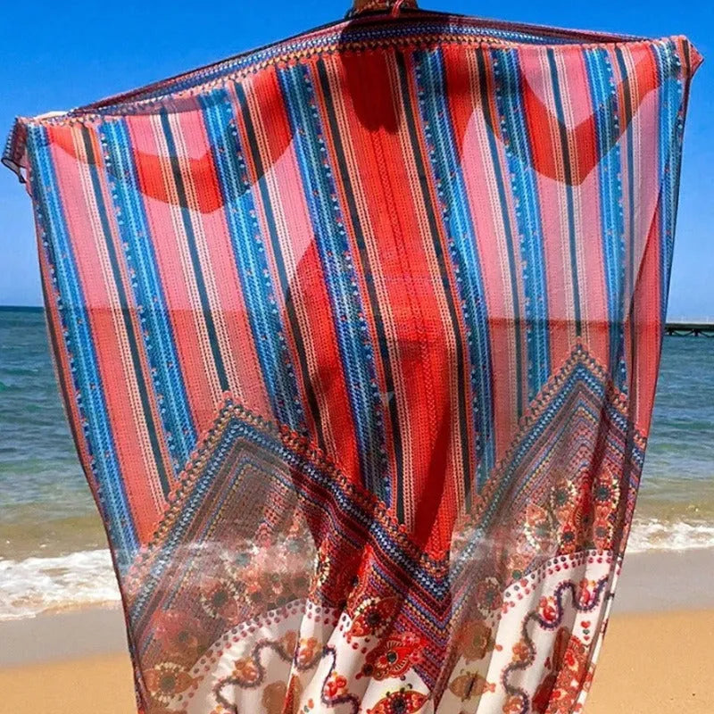 Women's three-piece swimsuit set with cutout blouse, high-waist pants, and coordinating coat in polyester fabric