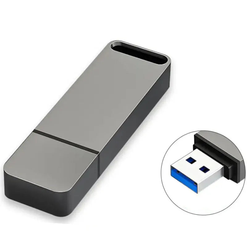 Black metal USB flash drive with custom graphic, showing 16TB capacity and compact size for portable storage
