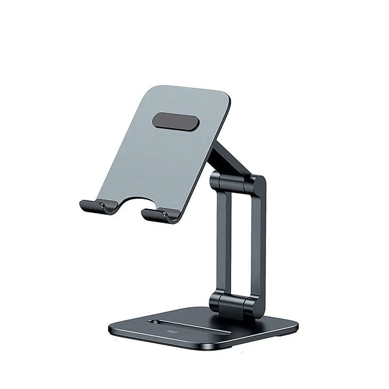 Deep space grey aluminium folding stand holding a tablet and a mobile phone on a desk.