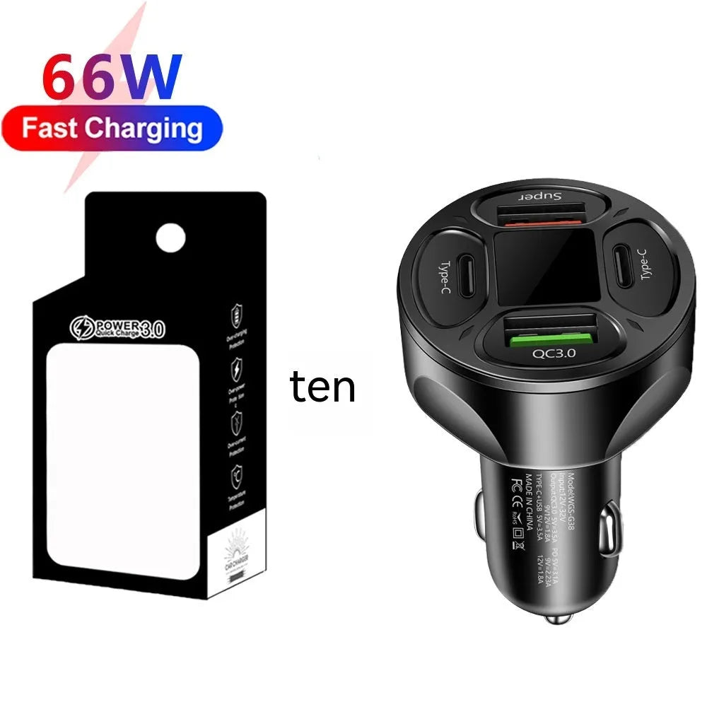 Black and white 66W car charger with digital display, two USB and two Type-C ports.