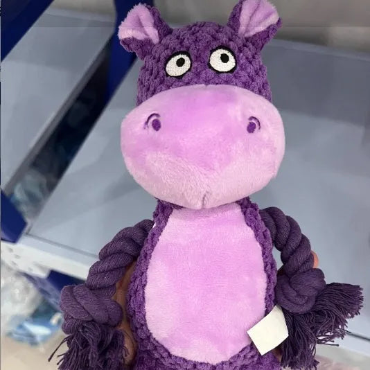 Plush sound-emitting dog toy with cotton rope elements in hippo design