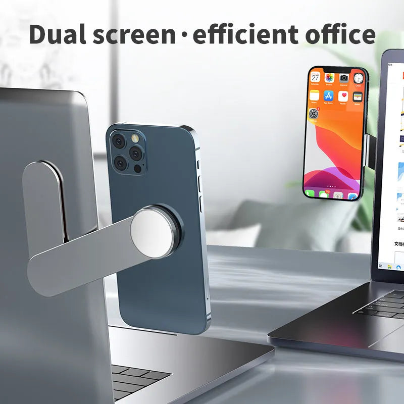 Silver aluminium alloy dual screen extension bracket holding mobile phone and computer simultaneously