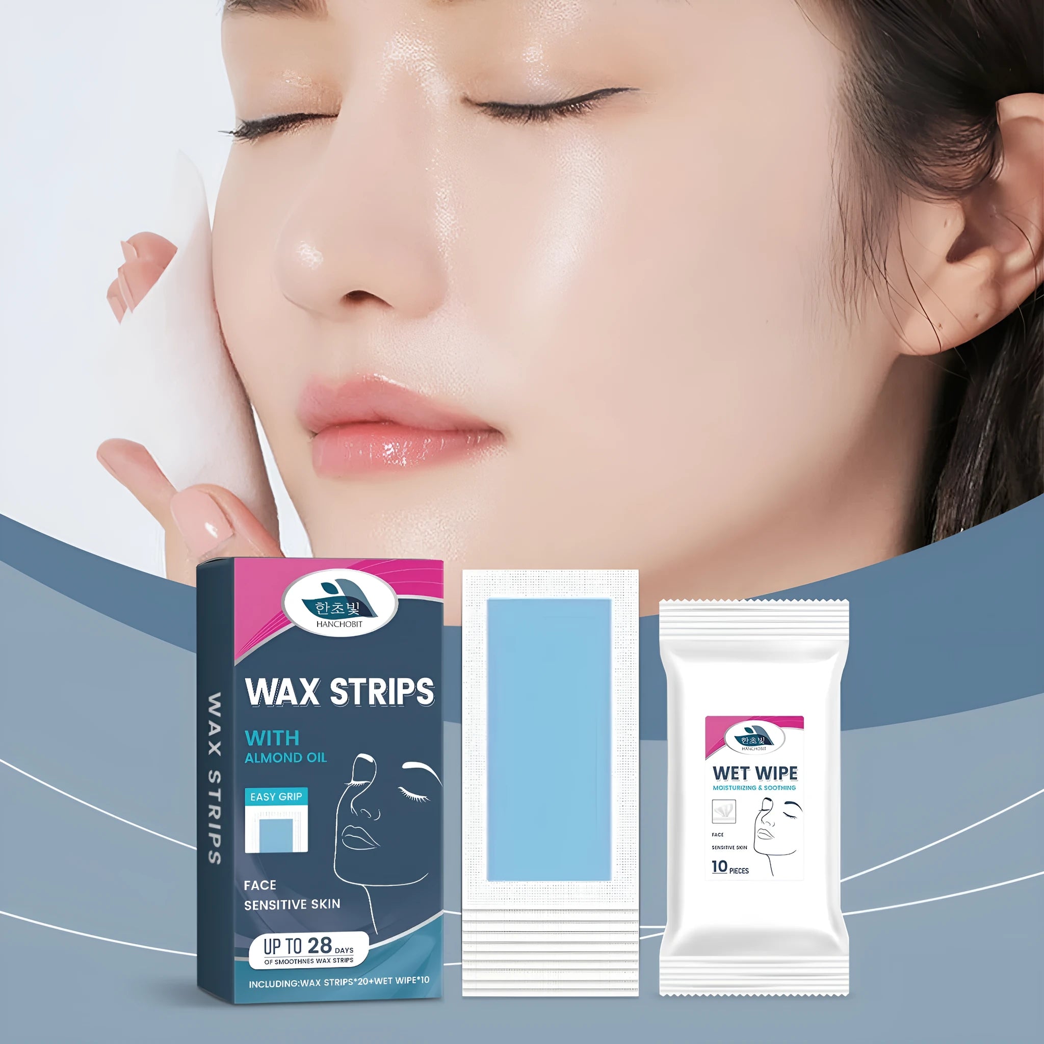 HANCHOBIT facial hair removal wax strips kit showing wax paper strips and wet wipes