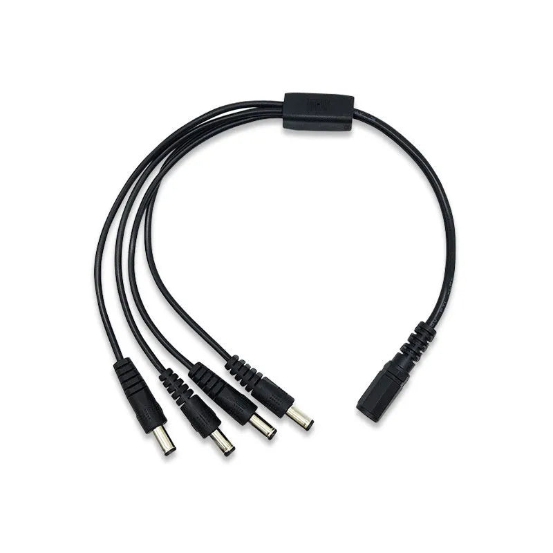 Black DC monitoring power cord with one input and four output connectors for CCTV cameras
