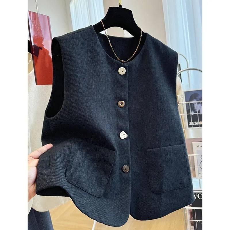 French style round neck sleeveless vest in milky white colour, showing bandage-style construction and polyester fabric texture
