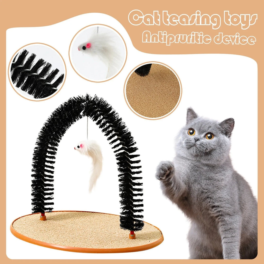 Black arch-shaped cat scratching brush with mouse toy attachment on non-slip base