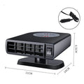 Black vehicle-mounted heater measuring 11x6.5x14cm with 360-degree rotation mount for windscreen defrosting