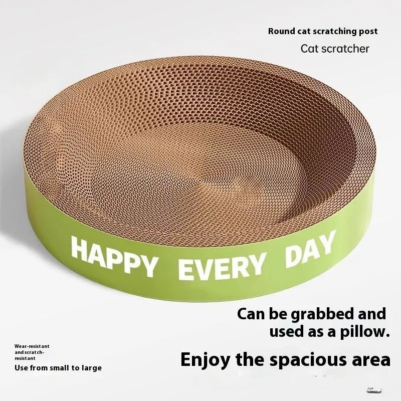 Green round scratching board cat nest showing circular design with integrated scratching surface and resting area