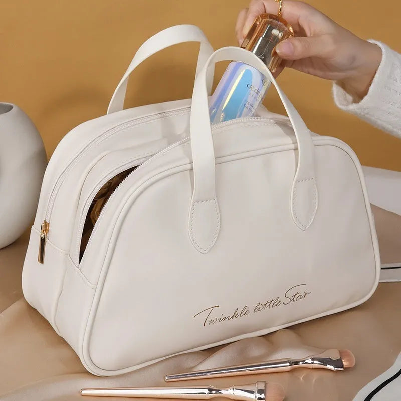 Leather travel toiletry bag with dry-wet separation compartments in caramel mocha colour