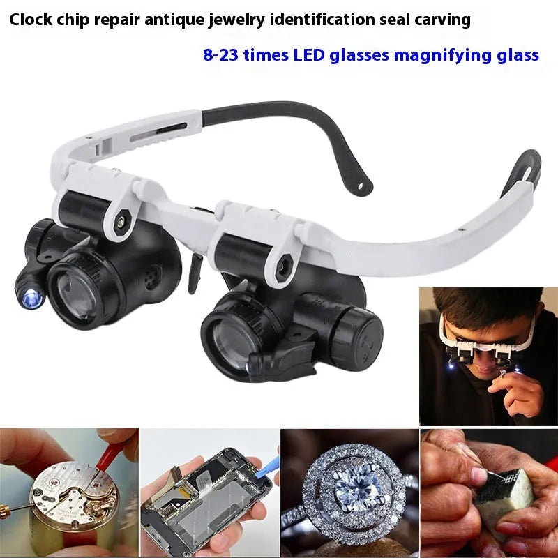 White head mounted magnifying glass with 30mm lenses and LED light for clock and antique glass repair
