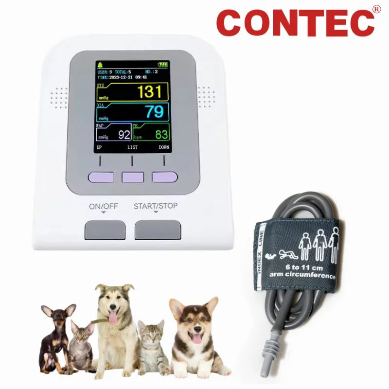 Veterinary digital blood pressure monitor with 2.8-inch colour LCD display and cuff for animal health monitoring