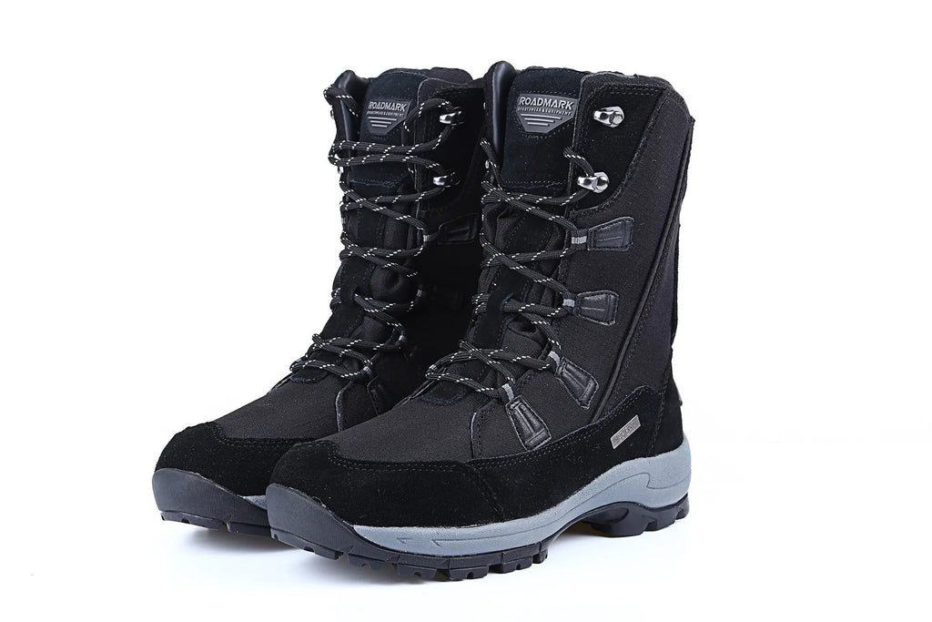 Women's mid-calf thermal snow boots in black with genuine leather upper and rubber sole for winter outdoor use
