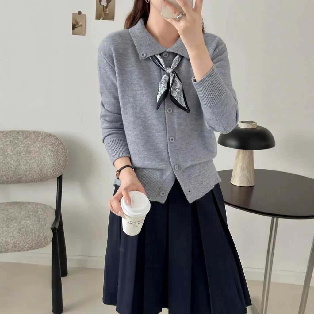 Lazy Fashion Lapel Scarf Sweater in cardigan style with integrated scarf, long sleeves, and acrylic fibre construction