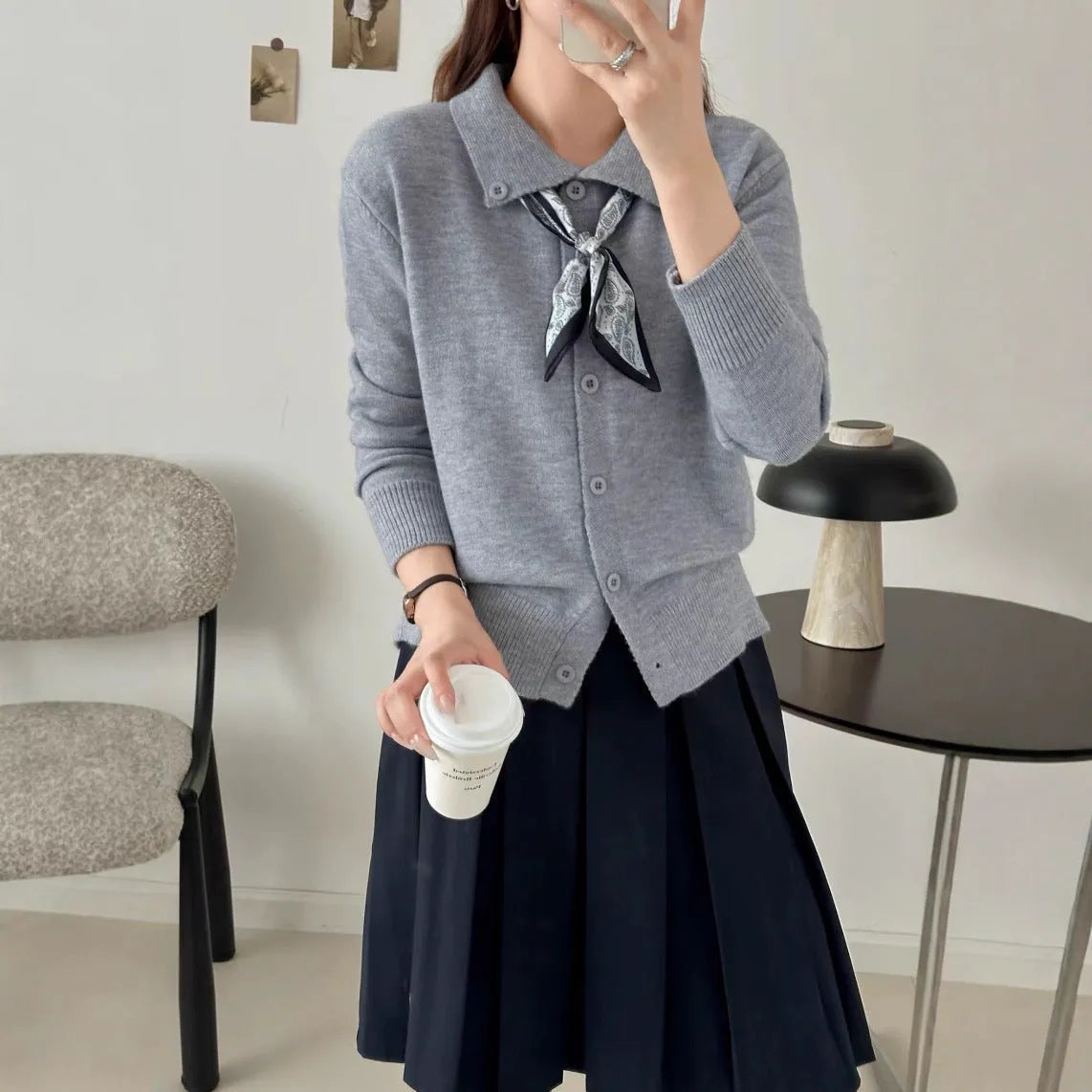 Lazy Fashion Lapel Scarf Sweater in cardigan style with integrated scarf, long sleeves, and acrylic fibre construction