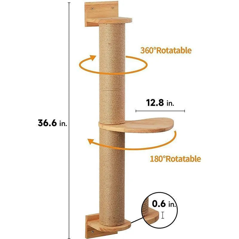 Wooden wall-mounted cat climbing frame with khaki sisal rope scratching surface