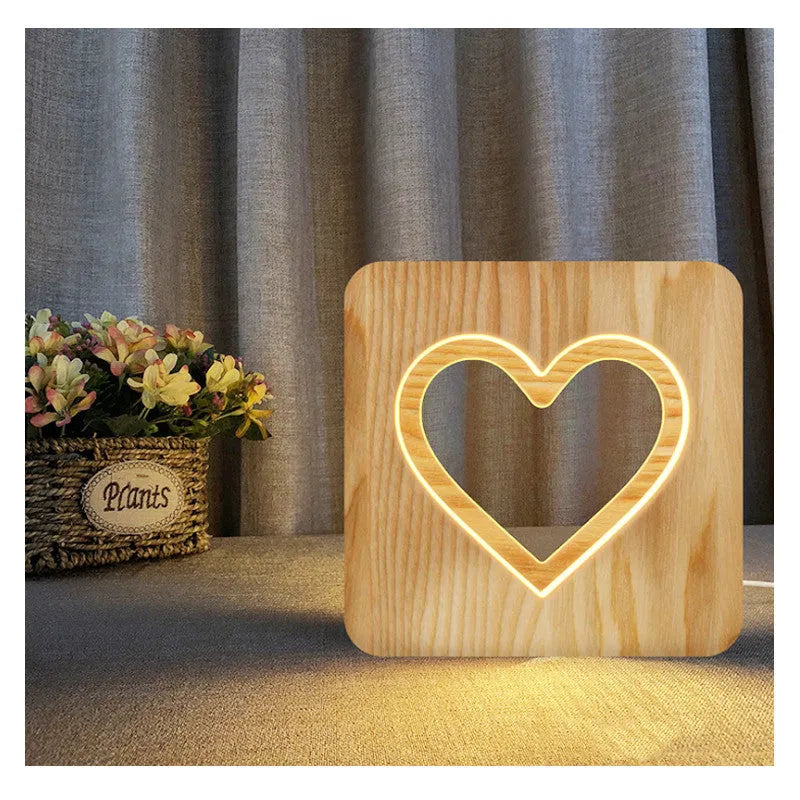 Solid wood hollow LED night lamp with warm white light, showing wooden lampshade and compact 190x190x30mm dimensions.