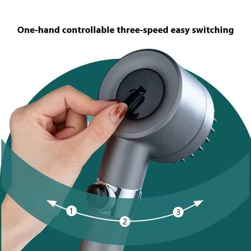 Portable shower head with adjustable settings for spray, massage, and rain functions, made from ABS material.