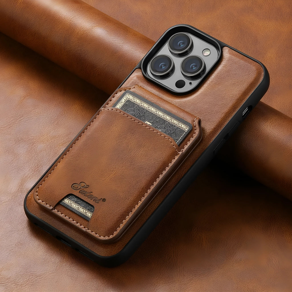 Oil wax silicone MagSafe phone case with integrated card slot for Apple iPhone.