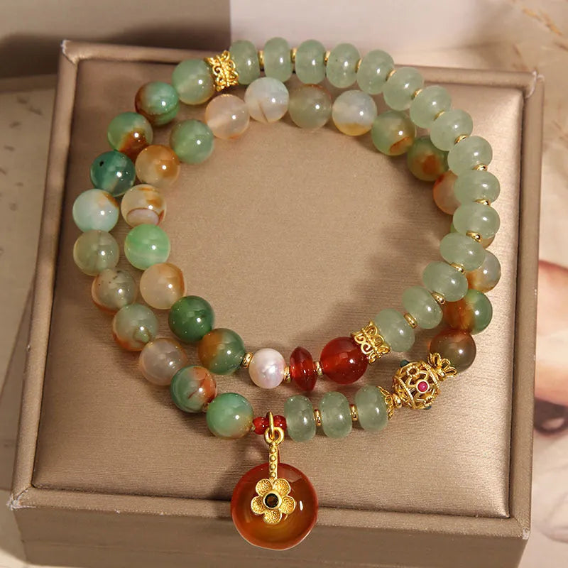 Peacock green agate double ring women's bracelet with safety buckle and rhinestone details
