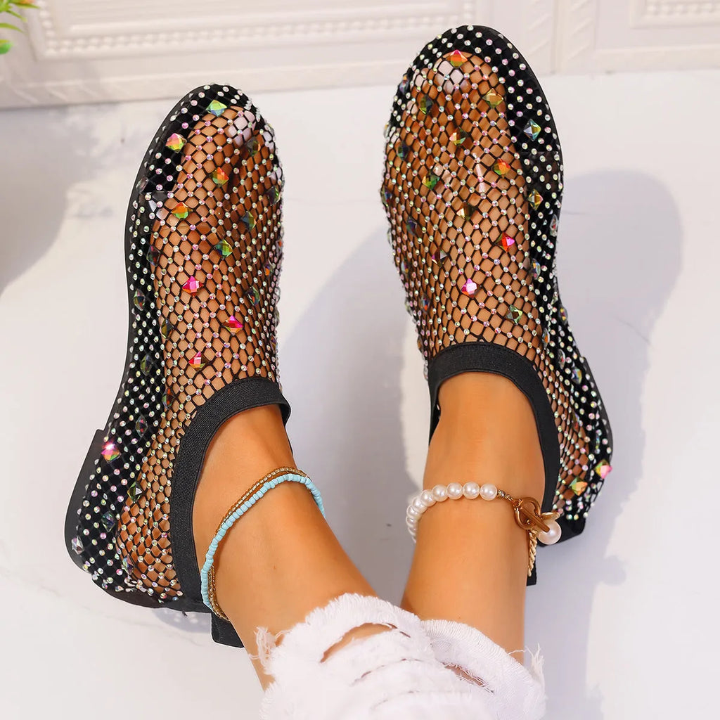 Women's mesh flat sandals with colourful rhinestone design on round toe, showing rubber sole and breathable upper