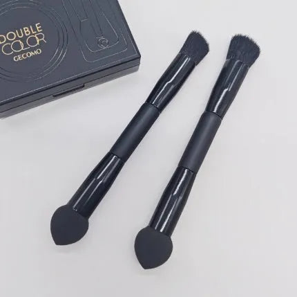 Double-headed miter sponge concealer brush with black wooden handle