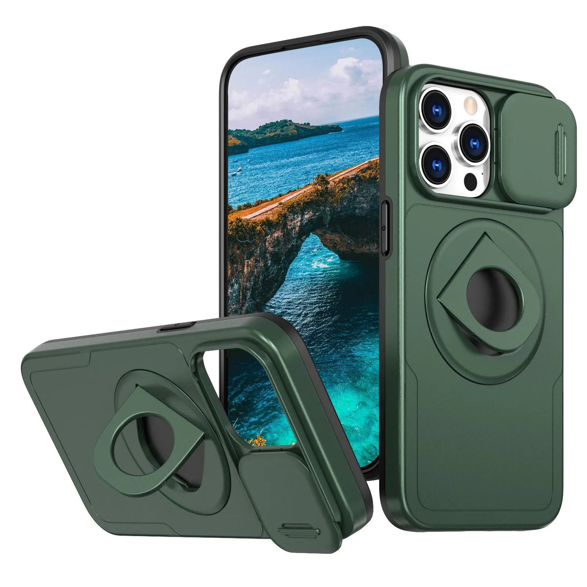 Sliding window magnetic ring phone case with rotating bracket for Apple iPhone in black, blue, red and purple