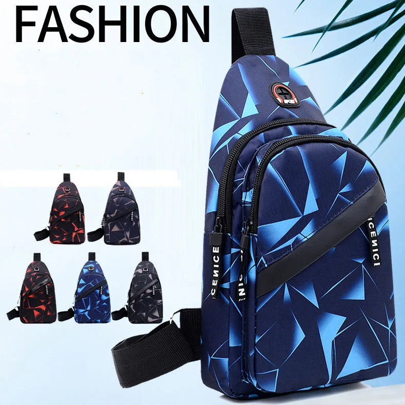 Men's crossbody chest sling bag in blue with earphone hole, zipper pockets, and soft handle, measuring 17x30x5cm