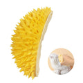 Yellow durian-shaped cat corner scratcher mounted on wall, measuring 21cm by 12cm by 7cm, with peppermint powder packet
