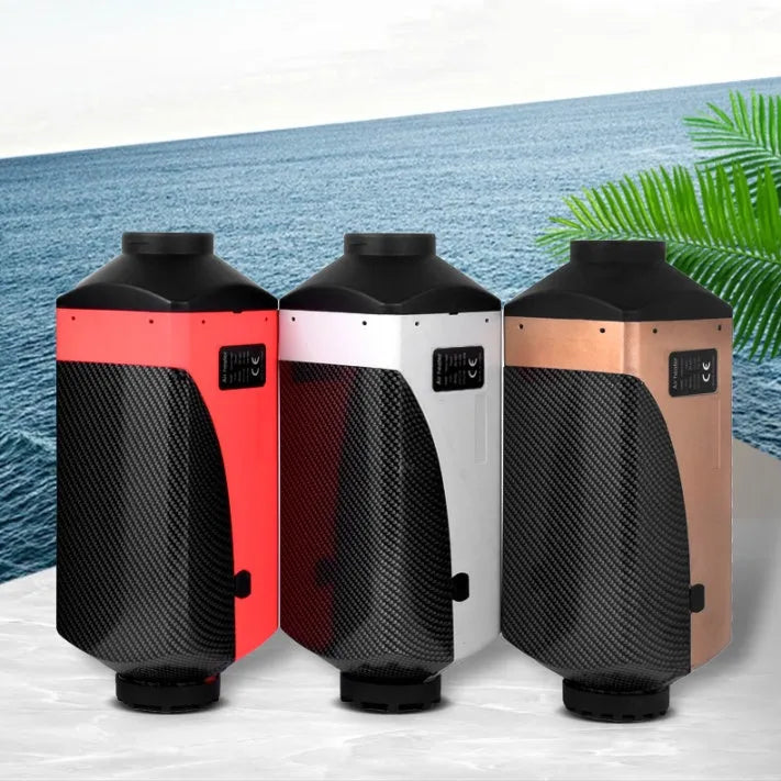 Red and black diesel air heater with 10L tank, pipes, and installation kit for vehicle cabin heating