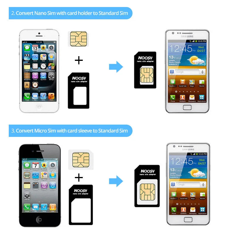 Four-in-one SIM card adapter kit with three plastic adapters and metal ejector pin on white background