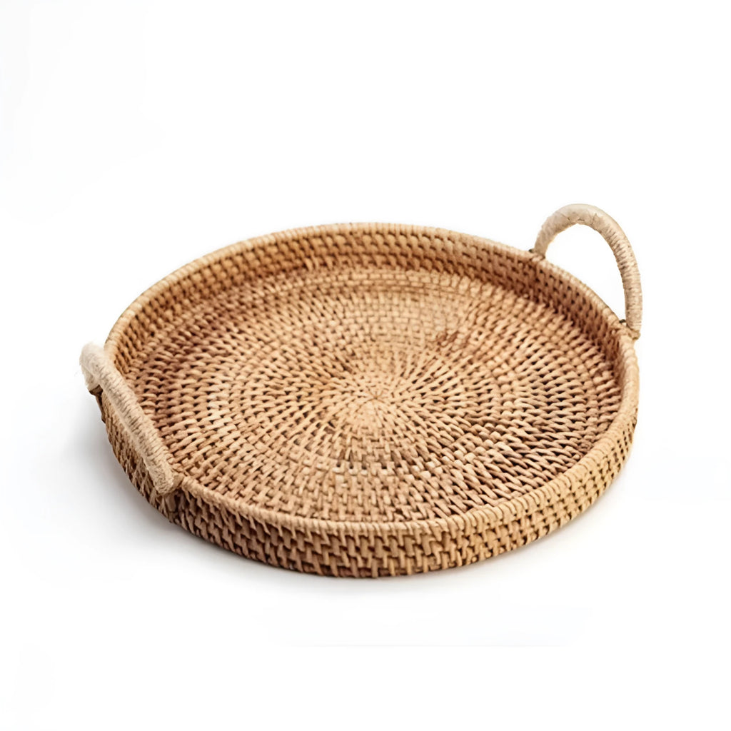 Handwoven rattan storage basket with wooden handle in three size options for home organisation